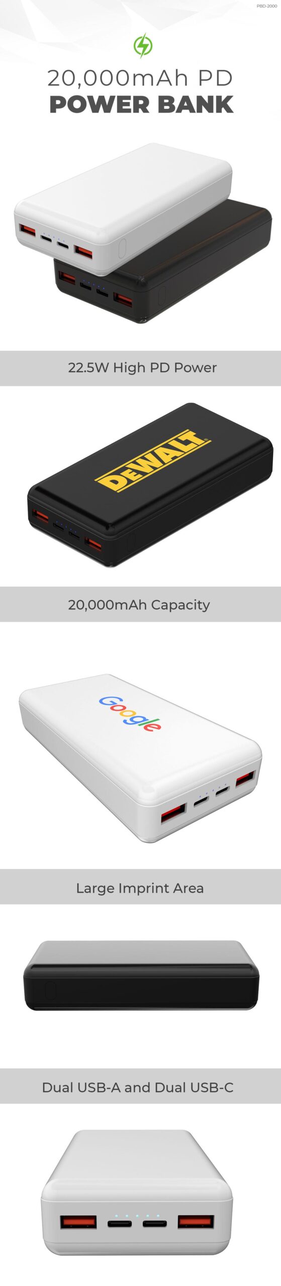 PBD-2000 20,000mAh Power Bank PD Power Delivery Laptop High Capacity Charger